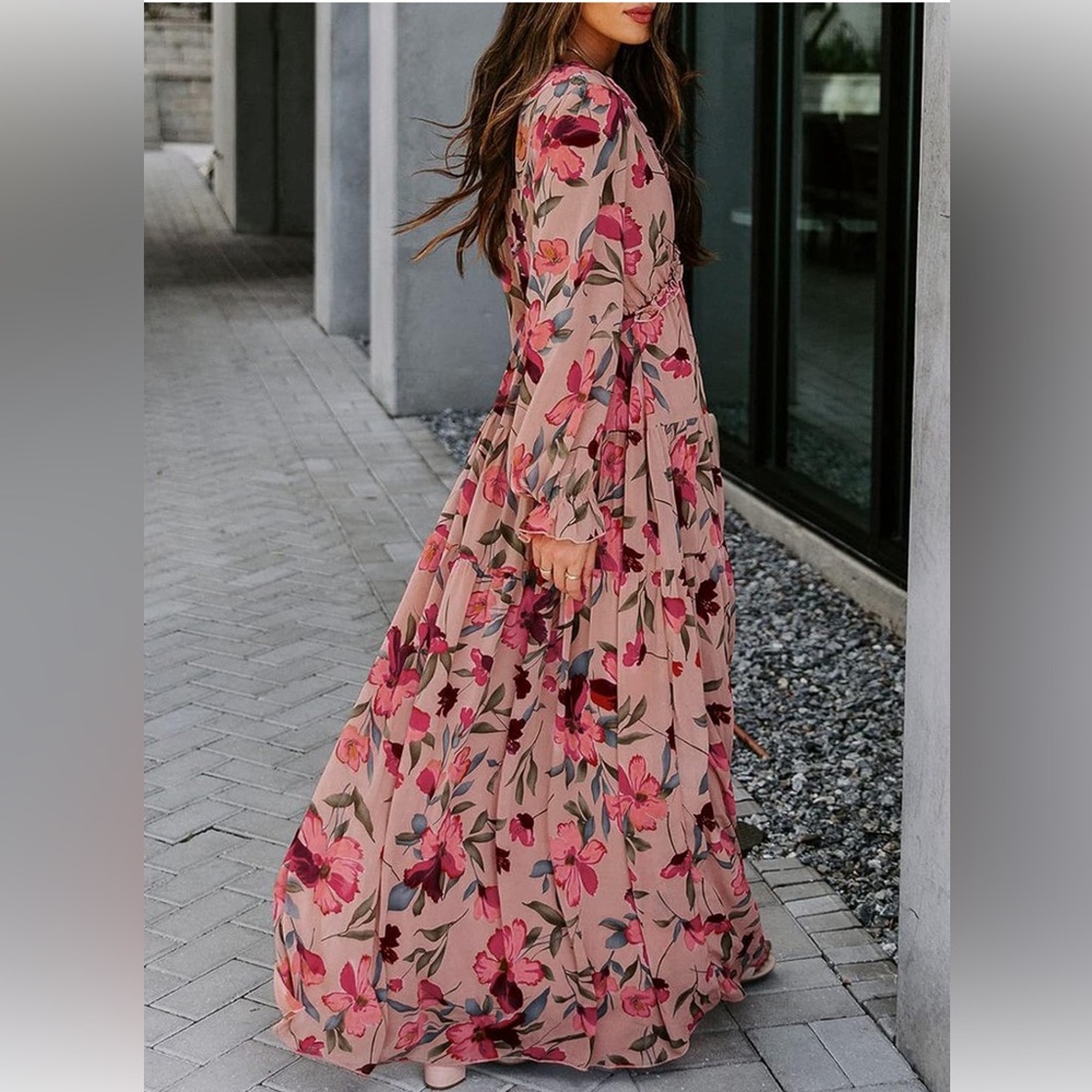 Women’s Floral Deep V Neck Long Sleeve Maxi Dresses